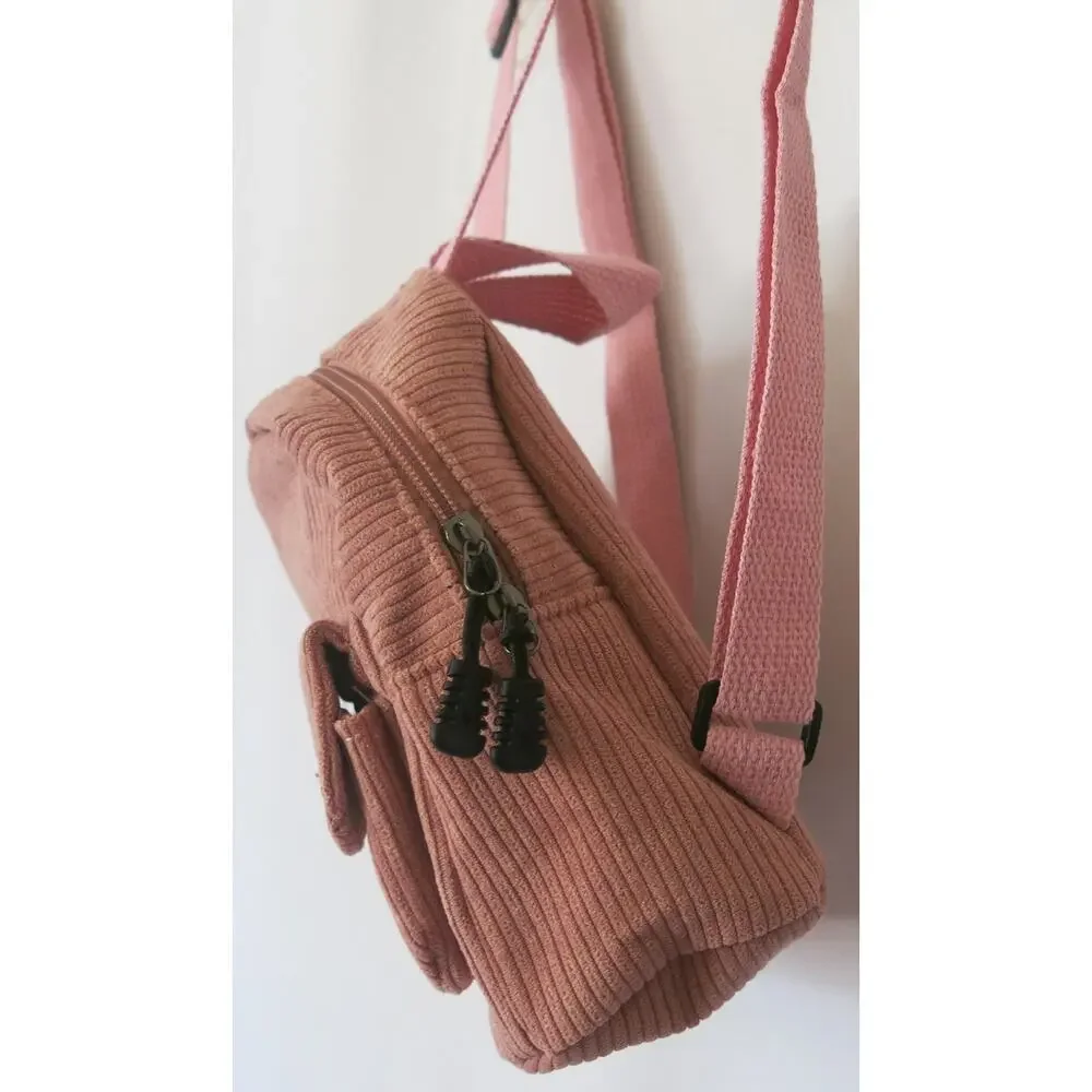 Mini Backpack NWT Purse Women Girls Corduroy Zipper Pink Casual School Everyday